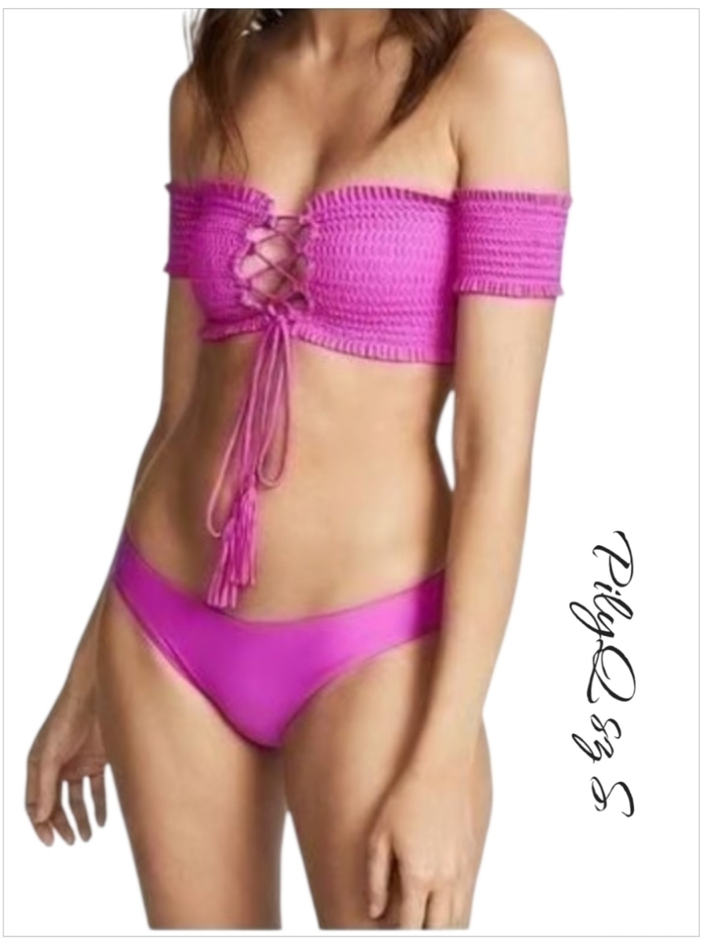 PilyQ PQ Swim  Smocked Off Shoulder Bikini Set Lace Up S NWT Fuchsia Pink